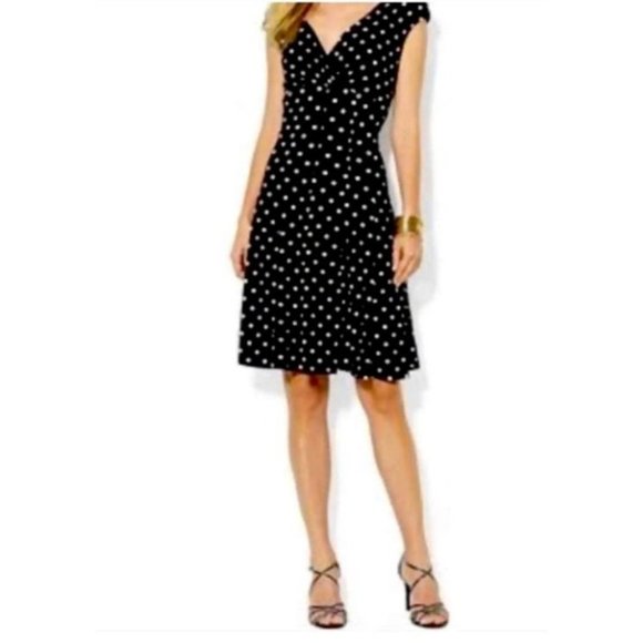 Ralph Lauren Dress 10 Black White Polka Dot Washable V Neck Career Church - Picture 1 of 10